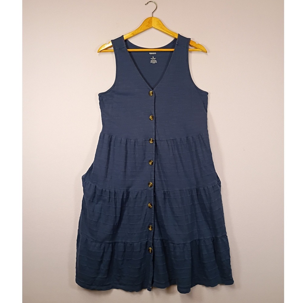Boho Coastal Sonoma Womens Small Blue Textured Cotton Tiered Button Front Dress